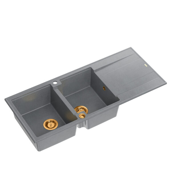EVAN 121 GraniteQ sink with siphon Push To Open 2-bowl w/o (1160x500x210; cell. 420×340) silver stone / copper elements