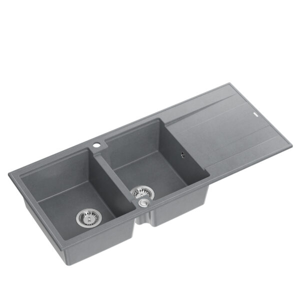 Chiuvetă EVAN 121 GraniteQ cu sifon Push To Open 2 vase fără (1160x500x210; celulă. 420×340) piatră argintie / elemente din oțel