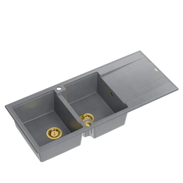 EVAN 121 GraniteQ sink with siphon Push To Open 2-bowl w/o (1160x500x210; cell. 420×340) silver stone / gold elements