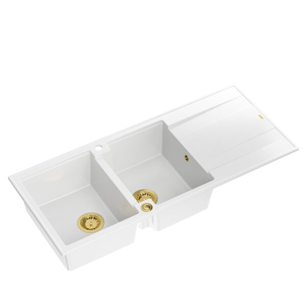 EVAN 121 GraniteQ sink with siphon Push To Open 2-bowl w/o (1160x500x210; cell. 420×340) snow white / gold elements