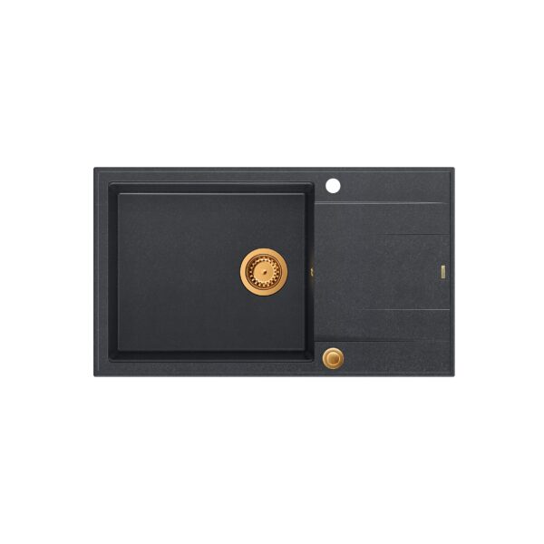 EVAN 136 XL GraniteQ zlewozmywak z syfonem Push To Open 1-komorowy z/o (860x500x210; kom. 420×490) black diamond / elementy miedziane