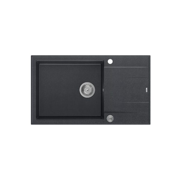 EVAN 136 XL Évier GraniteQ avec siphon Push To Open 1 bac sans (860x500x210; cell. 420×490) diamant noir / éléments en acier