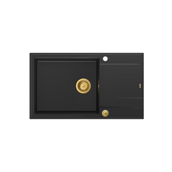 EVAN 136 XL GraniteQ zlewozmywak z syfonem Push To Open 1-komorowy z/o (860x500x210; kom. 420×490) pure carbon / elementy złote