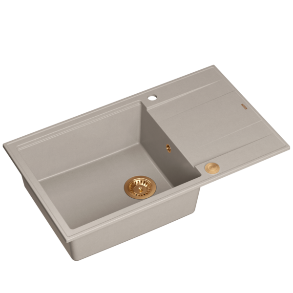 Chiuvetă EVAN 136 XL GraniteQ cu sifon Push To Open 1 vas fără (860x500x210; 420×490 unitate) moale taupe / elemente din cupru