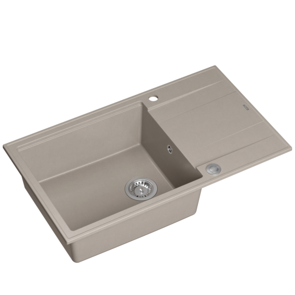Lavello EVAN 136 XL GraniteQ con sifone Push To Open 1 vasca senza (860x500x210; 420×490 unità) soft taupe / elementi inox
