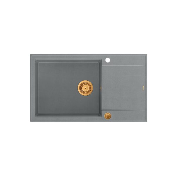 EVAN 136 XL GraniteQ zlewozmywak z syfonem Push To Open 1-komorowy z/o (860x500x210; kom. 420×490) silver stone / elementy miedziane