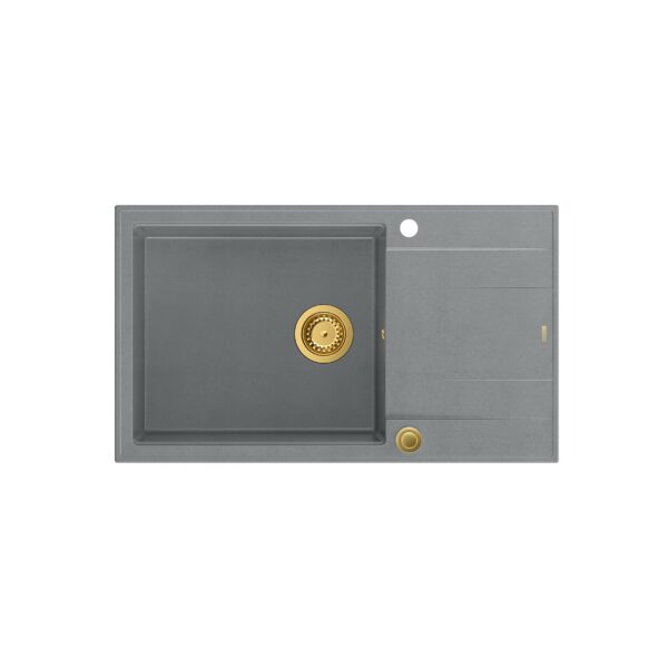 EVAN 136 XL GraniteQ zlewozmywak z syfonem Push To Open 1-komorowy z/o (860x500x210; kom. 420×490) silver stone / elementy złote