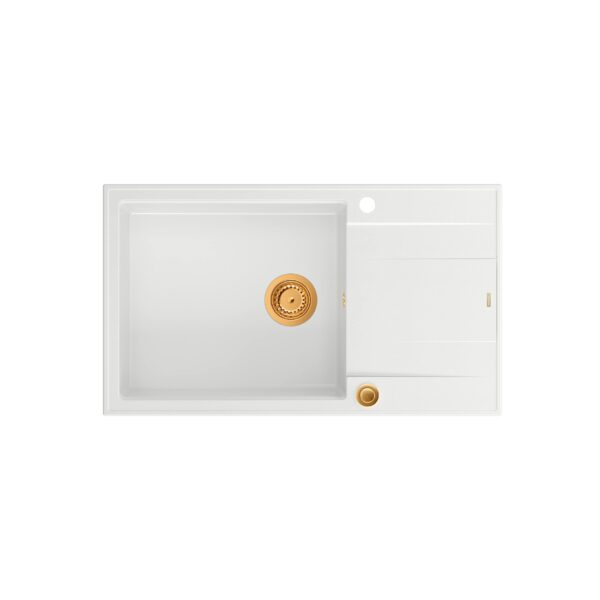 EVAN 136 XL GraniteQ sink with siphon Push to Open 1-bowl w/o (860x500x210; 420×490 unit) snow white / copper elements
