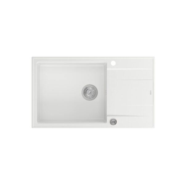 EVAN 136 XL Évier GraniteQ avec siphon Push To Open 1 bac sans (860x500x210; cell. 420×490) blanc neige / éléments en acier