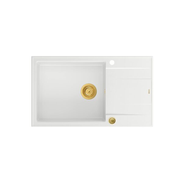 EVAN 136 XL GraniteQ zlewozmywak z syfonem Push To Open 1-komorowy z/o (860x500x210; kom. 420×490) snow white / elementy złote