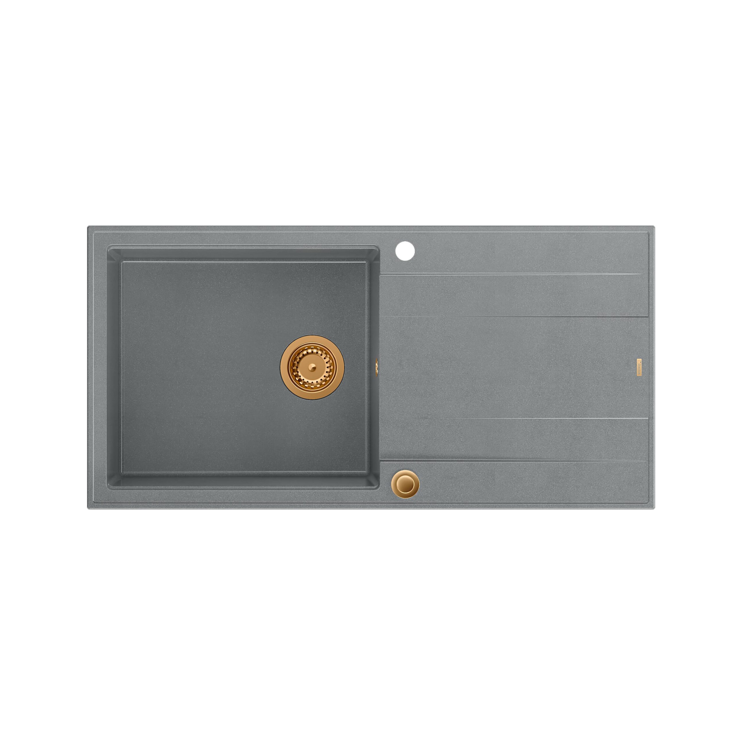Chiuvetă EVAN 146 XL GraniteQ cu sifon Push 2 Open 1 vas fără (1000x500x210; celulă. 420×480) piatră argintie / elemente de cupru