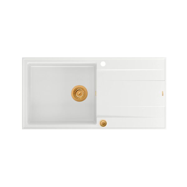 Chiuvetă EVAN 146 XL GraniteQ cu sifon Push 2 Open 1 vas fără (1000x500x210; 420×480 sertar) alb ca zăpadă / elemente din cupru