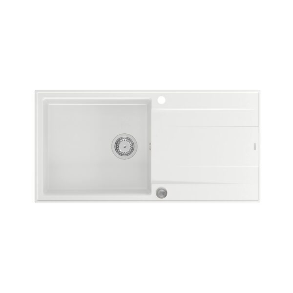EVAN 146 XL GraniteQ lavello con sifone Push 2 Open 1 vasca c/o (1000x500x210; cell. 420×480) bianco neve / elementi acciaio