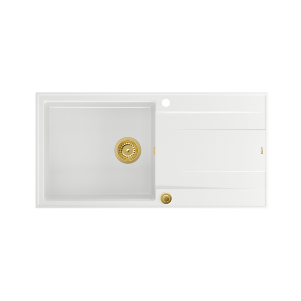 ЭВАН 146 XL Раковина GraniteQ с сифоном Push 2 Open 1-чаша б/н (1000x500x210; яч. 420×480) белоснежный/золотые элементы