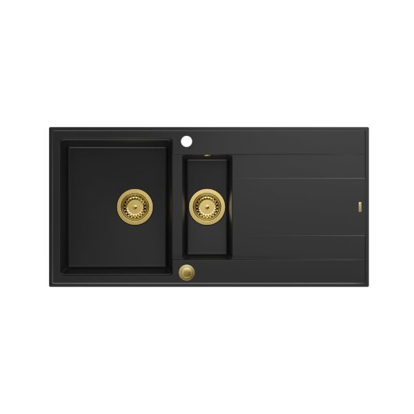 EVAN 156 GraniteQ zlewozmywak z syfonem Push To Open 2-komorowy z/o (1000x500x210; kom. 420×480) pure carbon / elementy złote