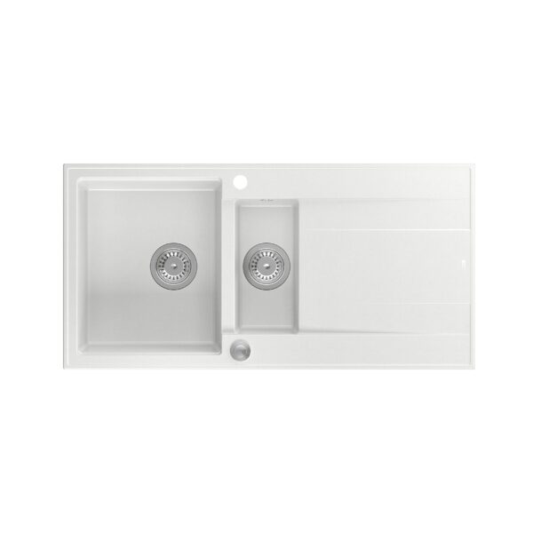 EVAN 156 GraniteQ lavello con sifone Push To Open 2 vasche senza (1000x500x210; cell. 420×480) bianco neve / elementi acciaio