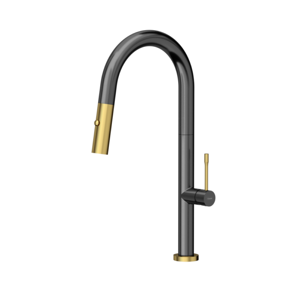 FELICITY T LINE SteelQ kitchen mixer with pull-out spout and shower function, graphite metal / Nano PVD gold
