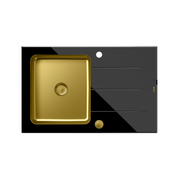 Camera Ford 111 HardQ in acciaio PVD oro con piano in vetro nero con sifone Push 2 Open (780×500/R35)