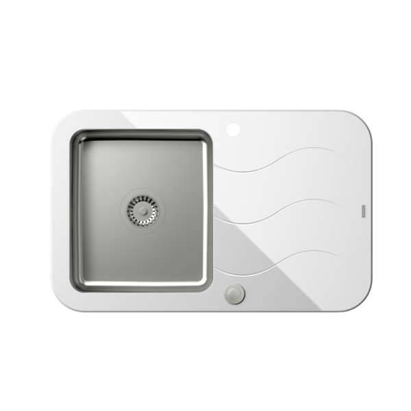 Camera in acciaio Glen 211 HardQ con piano in vetro bianco con sifone Push 2 Open (780×500/R35)