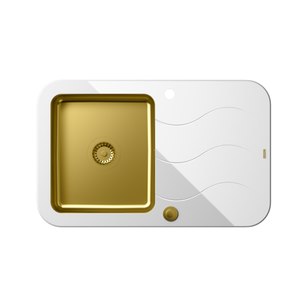 Cameră din oțel auriu Glen 211 HardQ PVD cu un blat din sticlă albă cu un sifon Push 2 Open (780×500/R35)
