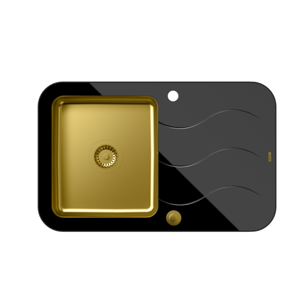 Камера Glen 211 HardQ из стали с золотым PVD-покрытием и крышкой из черного стекла с сифоном Push 2 Open (780×500/R35)