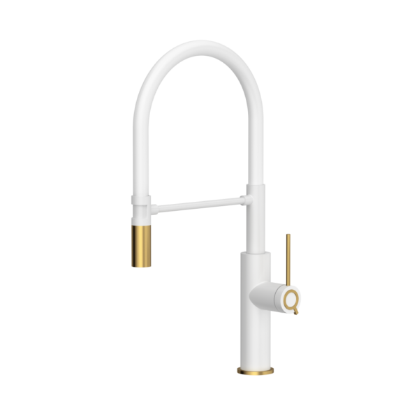 GEMMA Q LINE SteelQ kitchen mixer with swivel spout, snow white / Nano PVD gold, white hose
