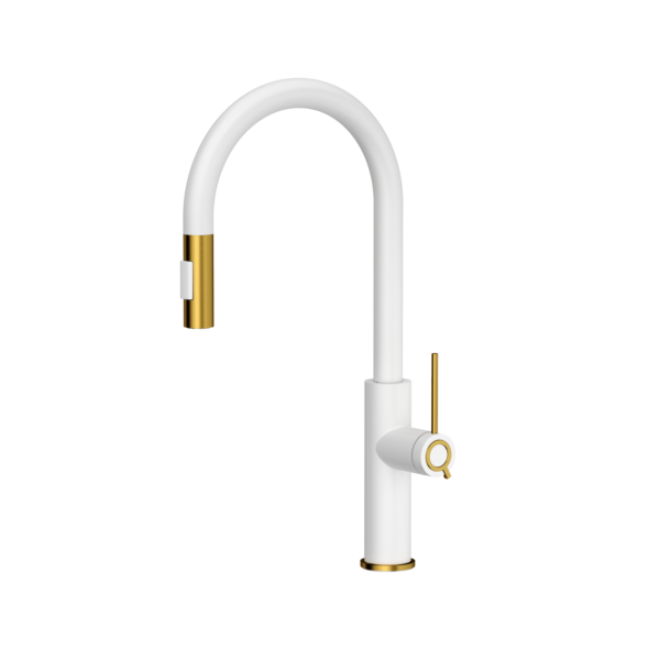 JENNIFER Q LINE SLIM SteelQ kitchen mixer Snow white / Nano PVD gold, pull-out spout with shower function