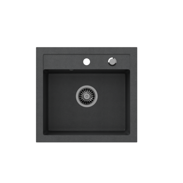Évier en granit pointillé noir JOHNNY 110 GraniteQ (noir) 1 bac b/o (50x47x18,5), avec siphon et couvercle en acier inoxydable