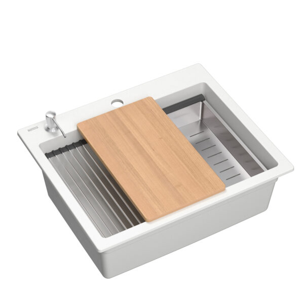 KURT 110 – 1-bowl sink 595*500*215 mm snow white + manual siphon + dispenser + board + Qmat