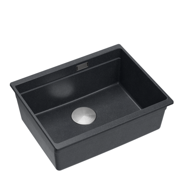 Chiuvetă LOGAN 100 GraniteQ diamant negru 56×45×21,5 cm 1 vas subtop cu sifon manual din oțel inoxidabil