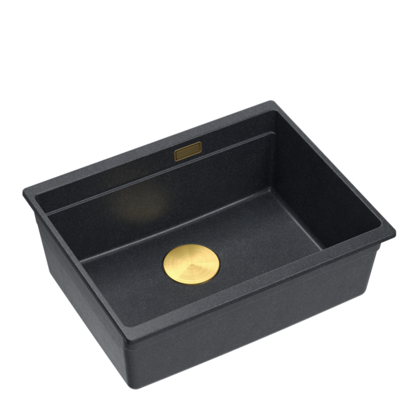 Chiuvetă LOGAN 100 GraniteQ diamant negru 56×45×21,5 cm 1 vas subtop cu sifon manual auriu