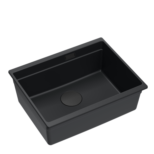 Lavello LOGAN 100 GraniteQ in puro carbonio cm 56×45×21,5 1 vasca sottotop con sifone manuale in puro carbonio