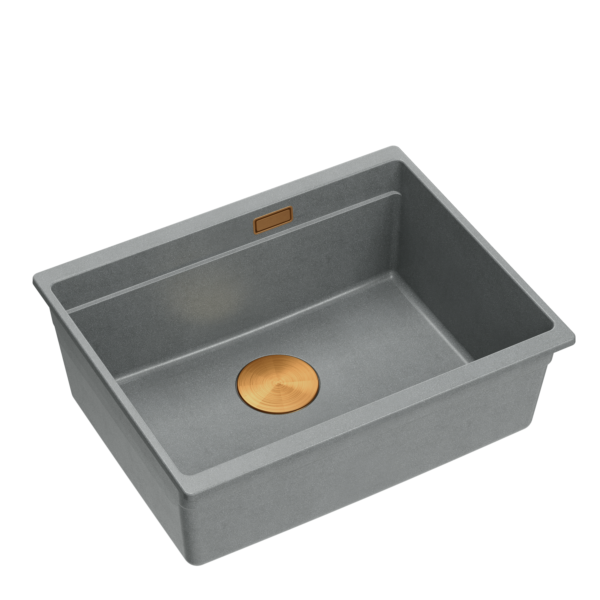LOGAN 100 GraniteQ silver stone sink 56×45×21.5 cm 1-bowl undermount with a manual copper siphon