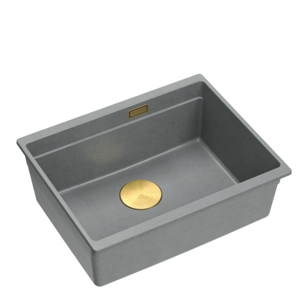 LOGAN 100 Раковина GraniteQ из серебристого камня 56×45×21,5 см, 1 чаша, подстольная, с ручным золотым сифоном