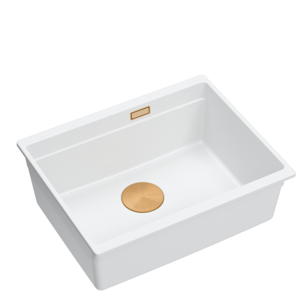 LOGAN 100 GraniteQ snow white sink 56×45×21.5 cm 1-bowl undermount with manual copper siphon