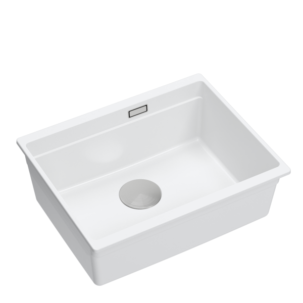Chiuveta LOGAN 100 GraniteQ alb ca zapada 56×45×21,5 cm 1 vas subtop cu sifon manual din otel inoxidabil