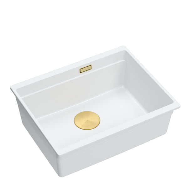 LOGAN 100 GraniteQ schneeweißes Waschbecken 56×45×21,5 cm 1-Becken-Unterbau mit manuellem goldenem Siphon
