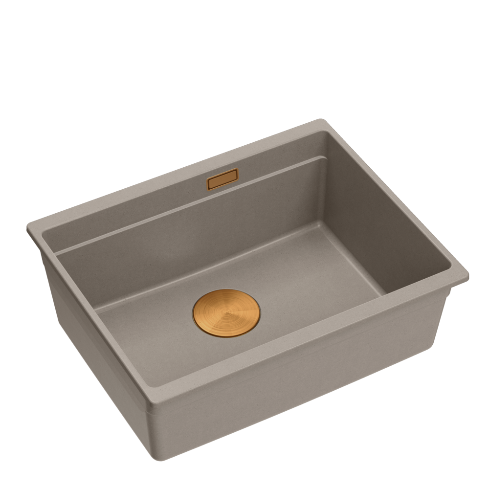 LOGAN 100 GraniteQ sink soft taupe 56×45×21.5 cm 1-bowl undermount with manual copper siphon