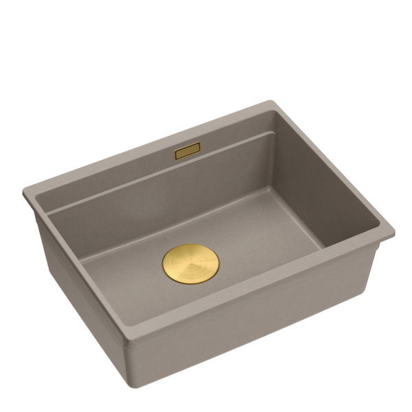 LOGAN 100 GraniteQ sink soft taupe 56×45×21.5 cm 1-bowl undermount with manual golden siphon