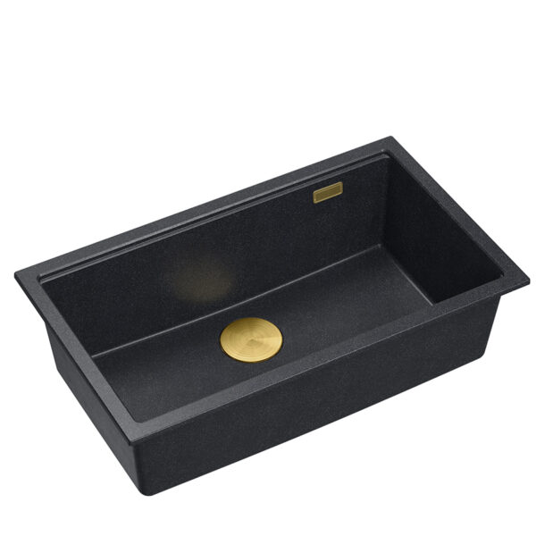 LOGAN 110 GraniteQ Black Diamond Spüle 76x44x23,5 cm 1-Becken-Unterbau mit goldenem manuellen Siphon