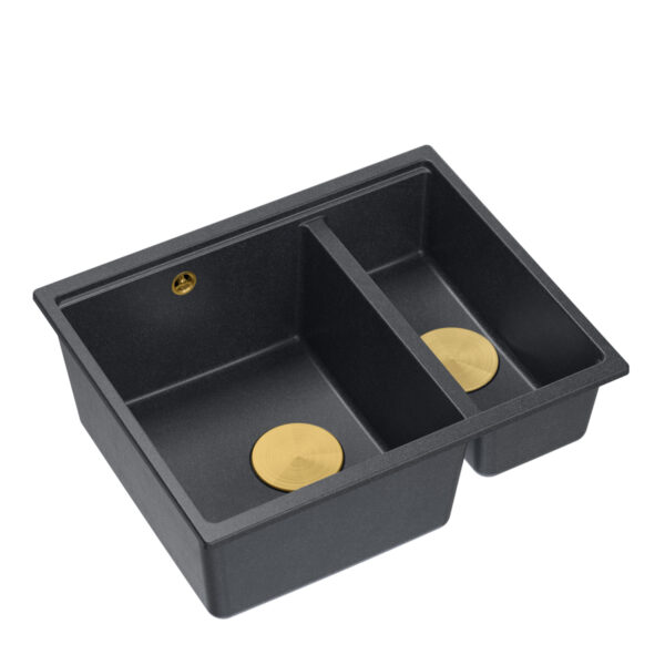 Logan 150 GraniteQ black diamond sink 56x46x22 cm 1.5-bowl b/o recessed + gold siphon save space