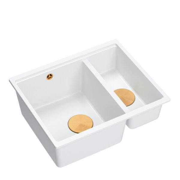 Logan 150 GraniteQ snow white sink 56x46x22 cm 1.5-bowl b/o recessed + manual copper siphon save space