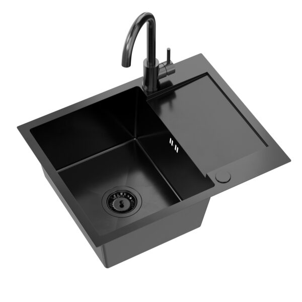 LUKE 116 Waschbecken aus schwarzem Metallstahl (60x48x20) mit 1-Becken-Siphon + KATE-Wasserhahn mit festem Stahlauslauf