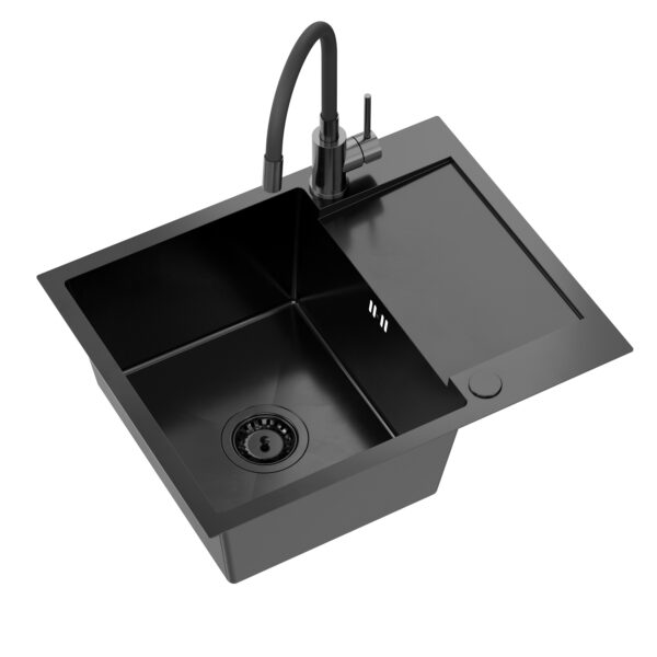 LUKE 116 black metal steel sink (60x48x20) with 1-bowl siphon + MAGGIE tap with flexible steel spout