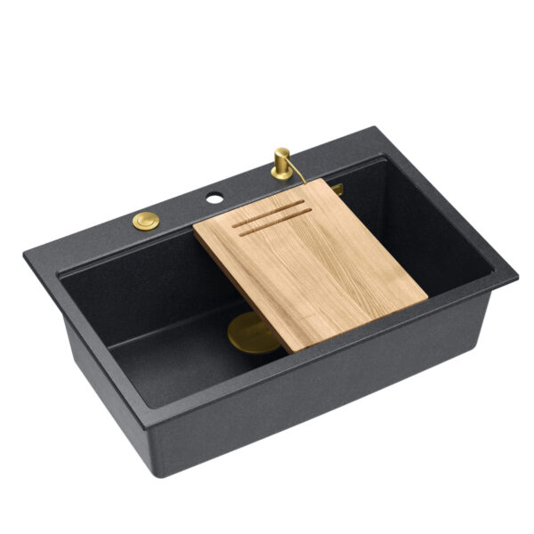 MARC WORKSTATION GraniteQ + 1-bowl sink (flush installation) 760*500*220 mm black diamond + push to open siphon + dispenser + board / golden elements