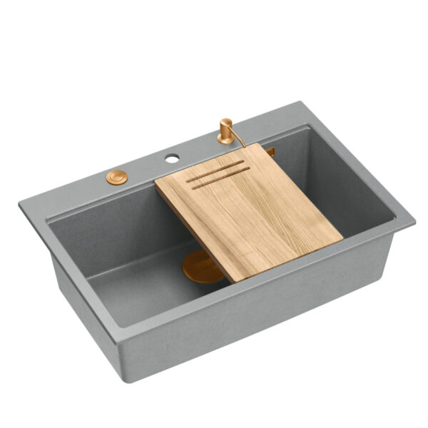 MARC WORKSTATION GraniteQ + 1-bowl sink (flush installation) 760*500*220 mm silver stone + push to open siphon + dispenser + board / copper elements