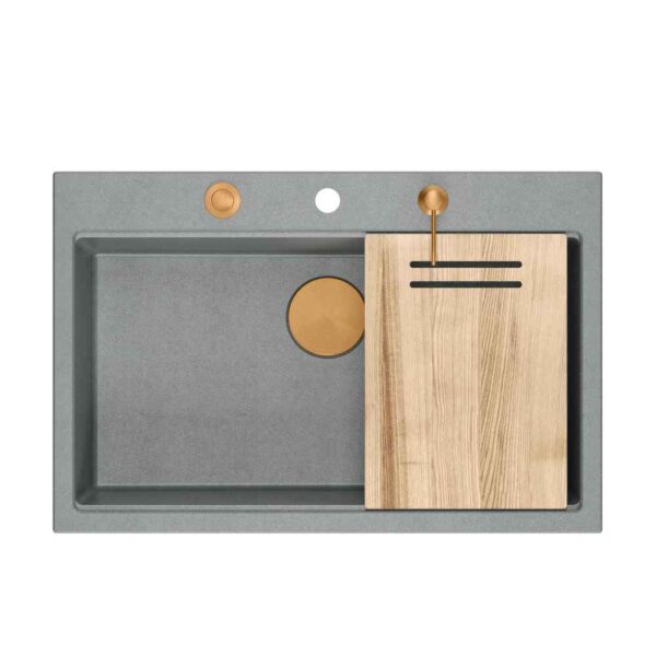 MARC WORKSTATION GraniteQ + 1-bowl sink 760*500*220 mm silver stone + push to open siphon + dispenser + board / copper elements