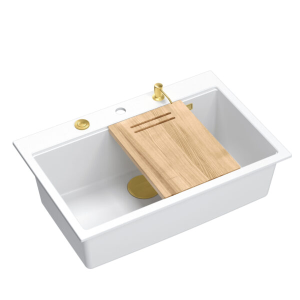MARC WORKSTATION GraniteQ + 1-bowl sink (flush installation) 760*500*220 mm snow white + push to open siphon + dispenser + board / golden elements
