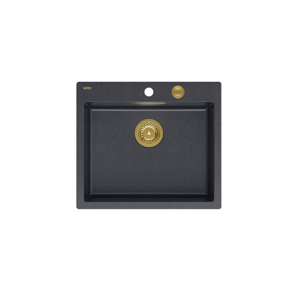 MORGAN 110 GraniteQ черная алмазная мойка с сифоном Push To Open золотого цвета 1-чаша б/н + крючки 4 шт.