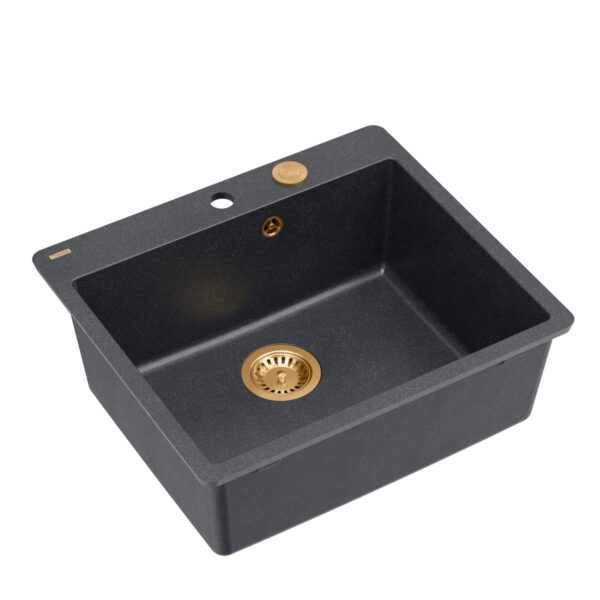 MORGAN 110 GraniteQ черная алмазная мойка с сифоном Push To Open медного цвета 1-чаша б/о (установка заподлицо) + фрезерованные отверстия